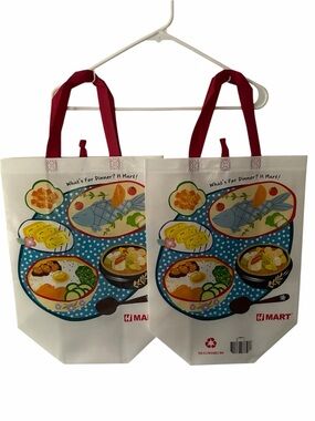 H Mart Reusable Grocery Tote Bag - White with Colorful Food Print